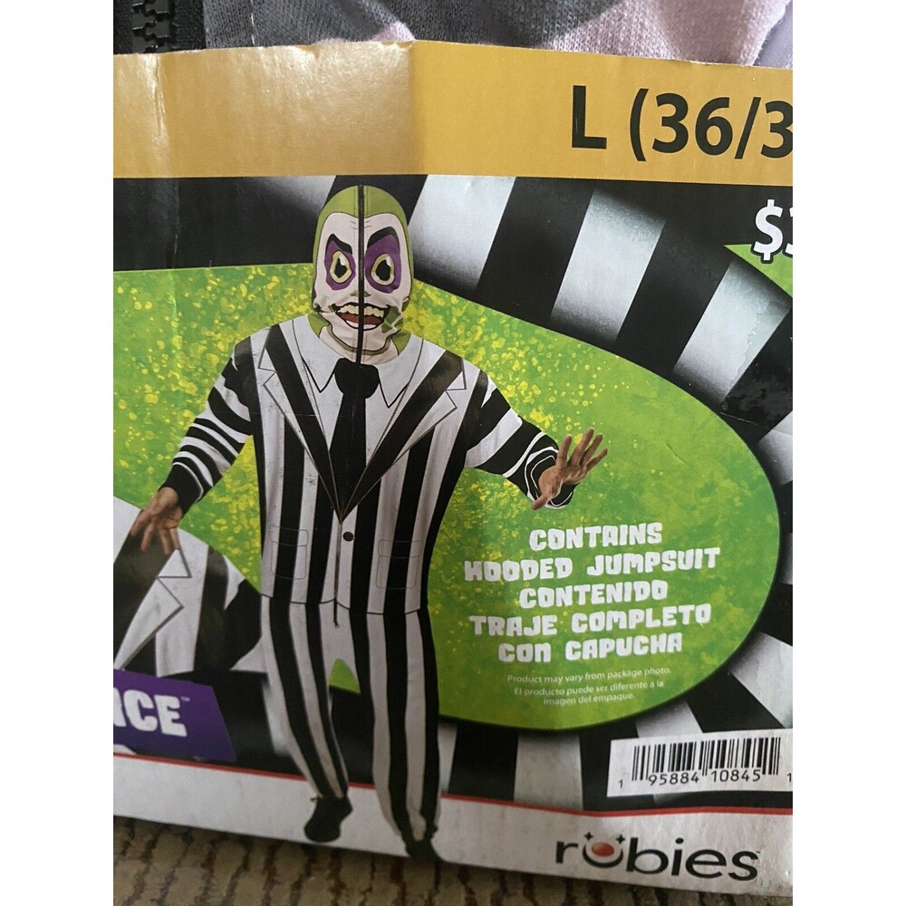 NEW Beetlejuice Halloween Costume Cosplay Hooded Jumpsuit Adult Sz LARGE 36/38 - Picture 1 of 6